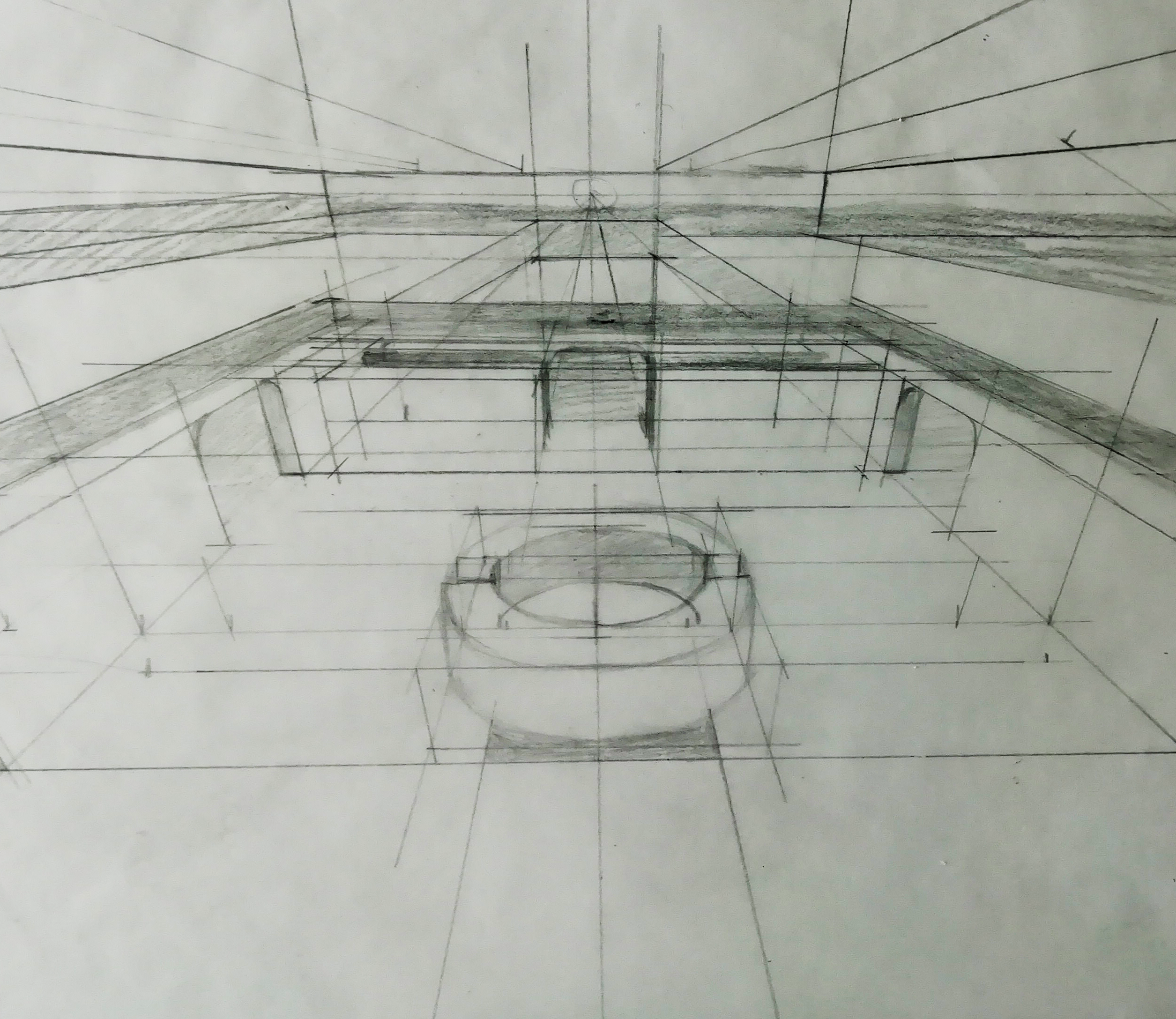 Zeichnung - Zentralperspektive einer großen Bibliothek, schräg von oben
